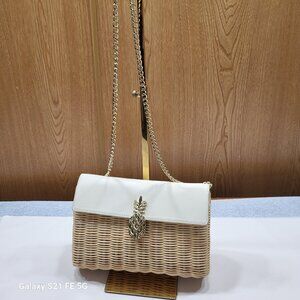 Talbots Rattan & White Leather Handbag Chain Strap Lined Pineapple Clasp Closure
